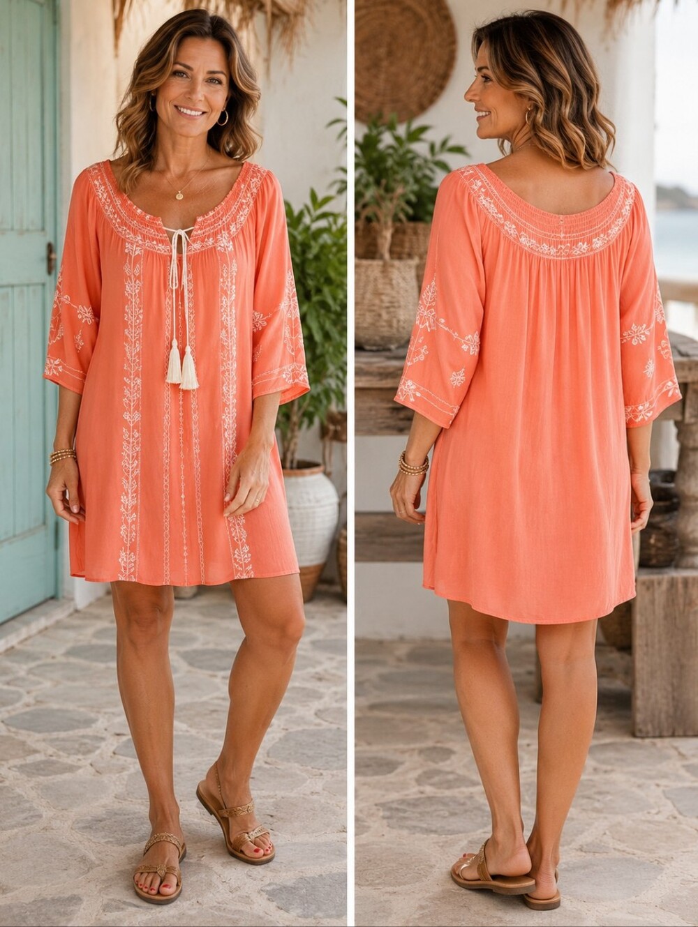 A-133 EXIST NWT Coral Peach Embroidered Boho Tunic Dress XL